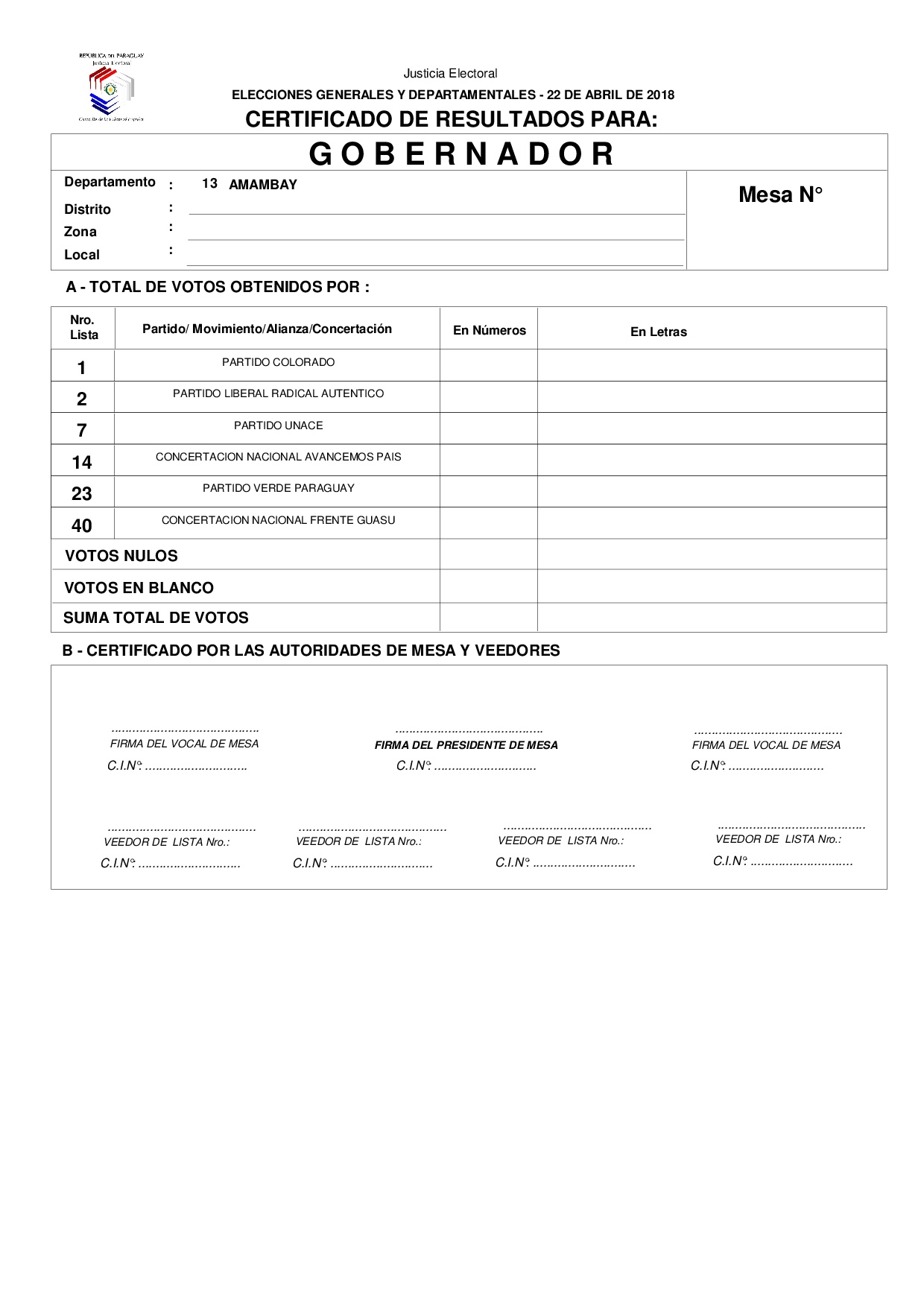 Certificado de Resultados Para GOBERNADOR de AMAMBAY